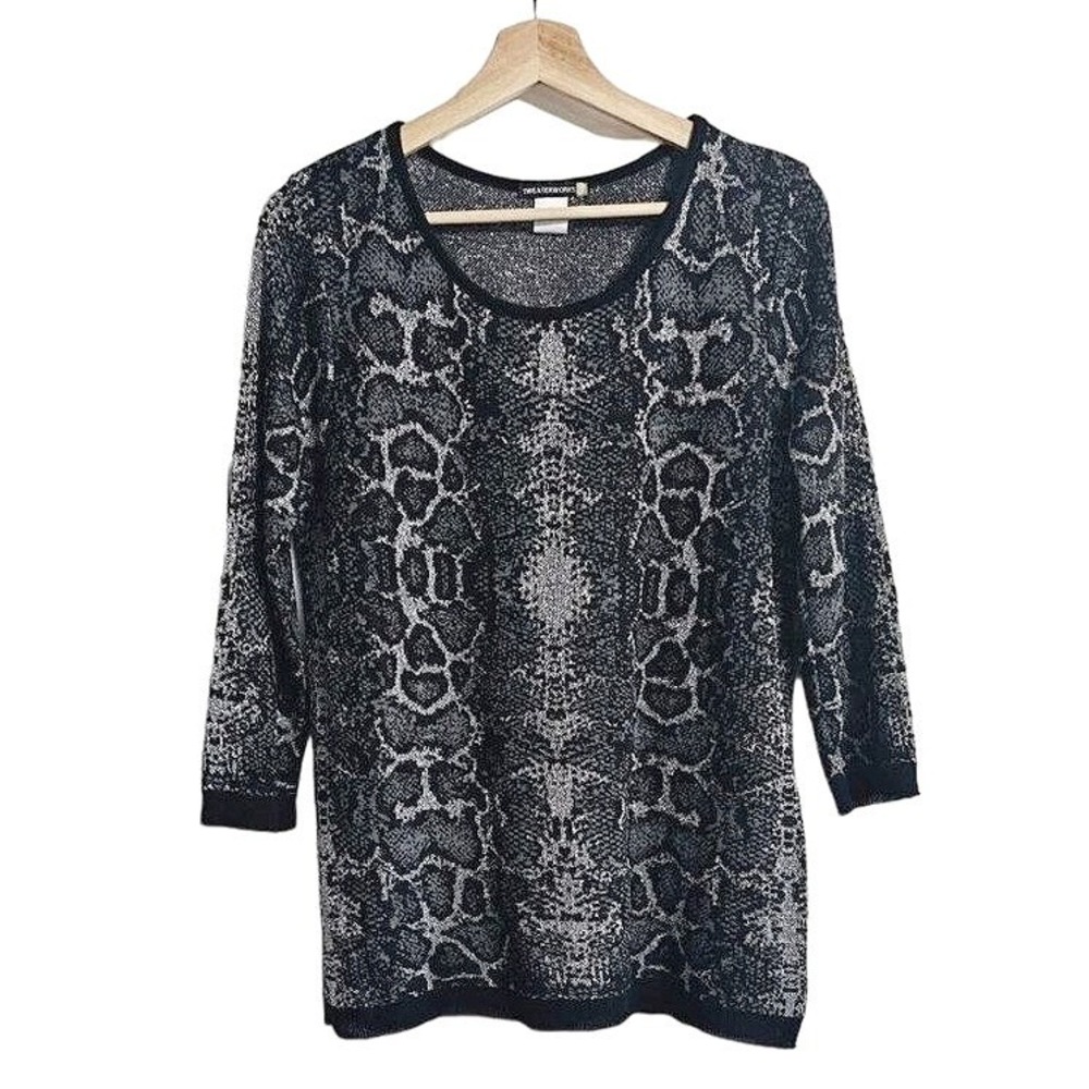 SWEATERWORKS Snake Print Metallic Knit quarter Sleeve Sweater Size XL Black Silv